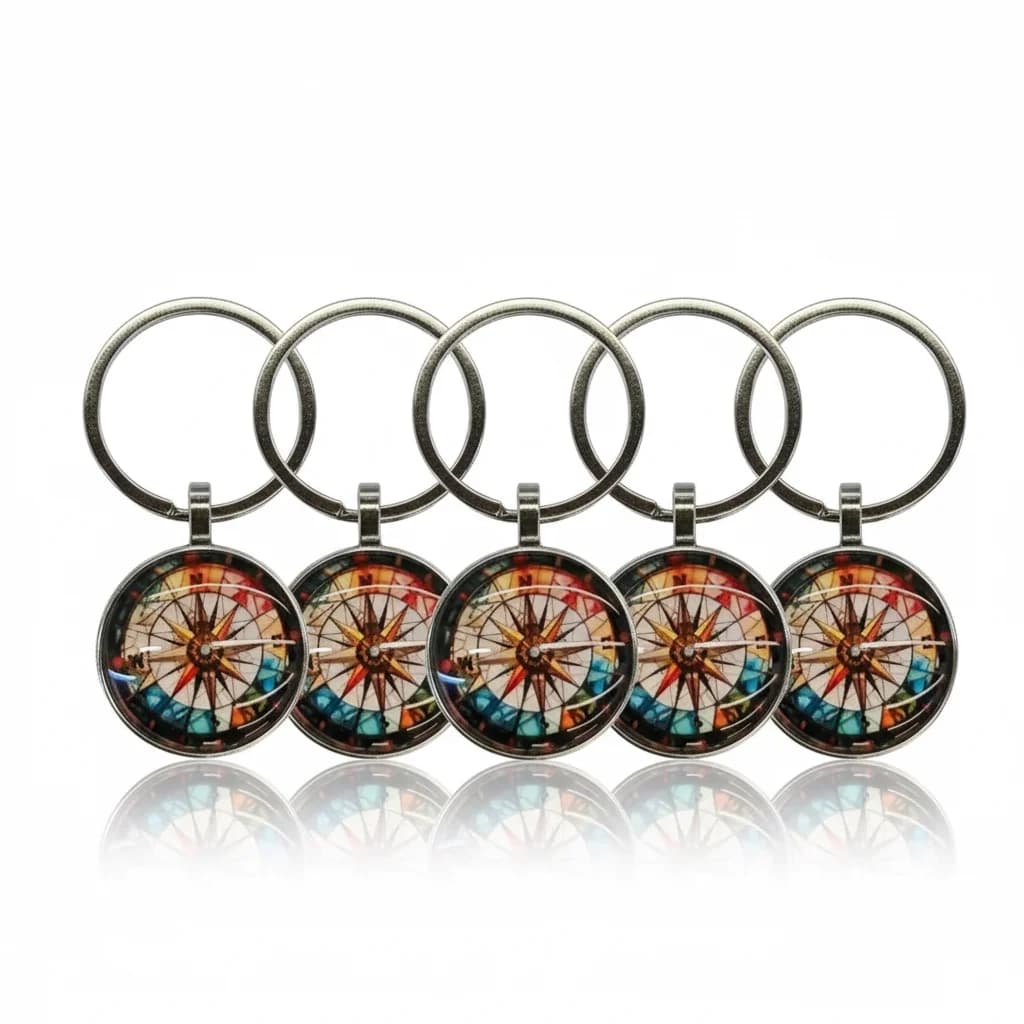 2D Flat Colorful Glass Compass Keychains (5 Pcs)